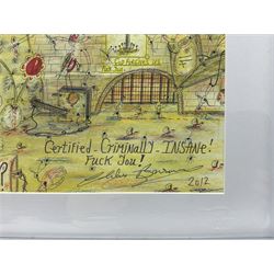 Charles Bronson (Charles Arthur Salvador) (British 1952-): ‘Certified Criminally Insane - Fuck You!’, mixed media signed titled and dated 2012, 42cm x 29cm