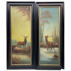 English School (Early 20th century): Highland Stags, pair oils on board unsigned 69cm x 22cm (2)