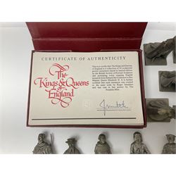 Set of forty three miniature Franklin Mint pewter figures of the Kings and Queens of England, with certificate of authenticity and information cards, together with a collection of twenty four Franklin Mint pewter Charles Dickens character spoons