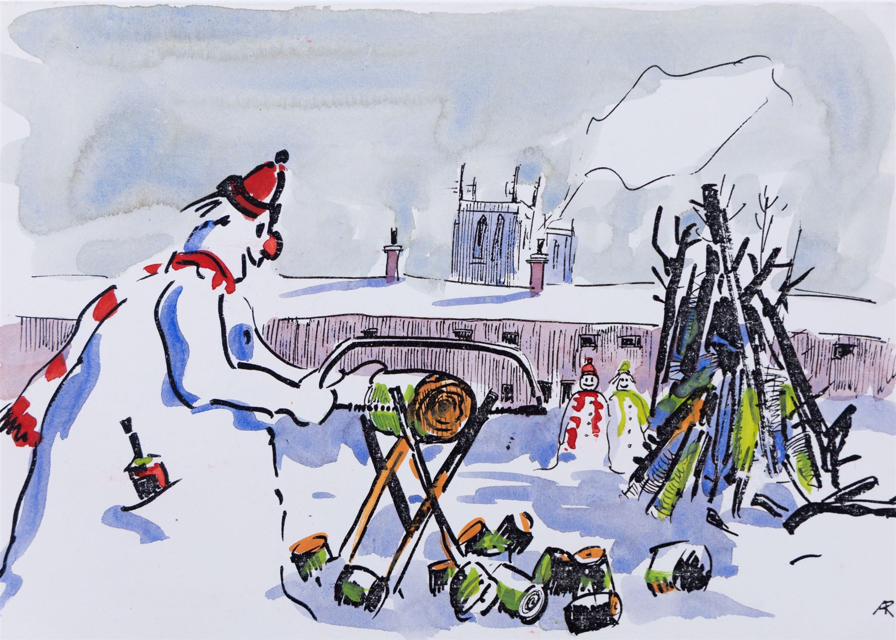 Angus Bernard Rands (British 1922-1985): Winter Scenes, set of four watercolours signed with initials, one dated 1972, max 15cm x 21cm; together with a collection of memorabilia, including a letter and various Christmas cards (unframed)