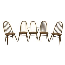 Ercol - set if five (4+1) elm and beech 'Windsor' dining chairs, high hoop and stick back, on tapering splayed supports united by H stretchers 