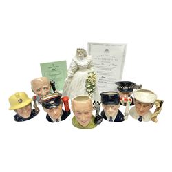 Seven Royal Doulton small character jugs, including Engine Driver D6823, The Fireman D6839, The Postman D6801, Murray Walker D7094, etc, together with Coalport figure Diana Princess of Wales, all with certificates 