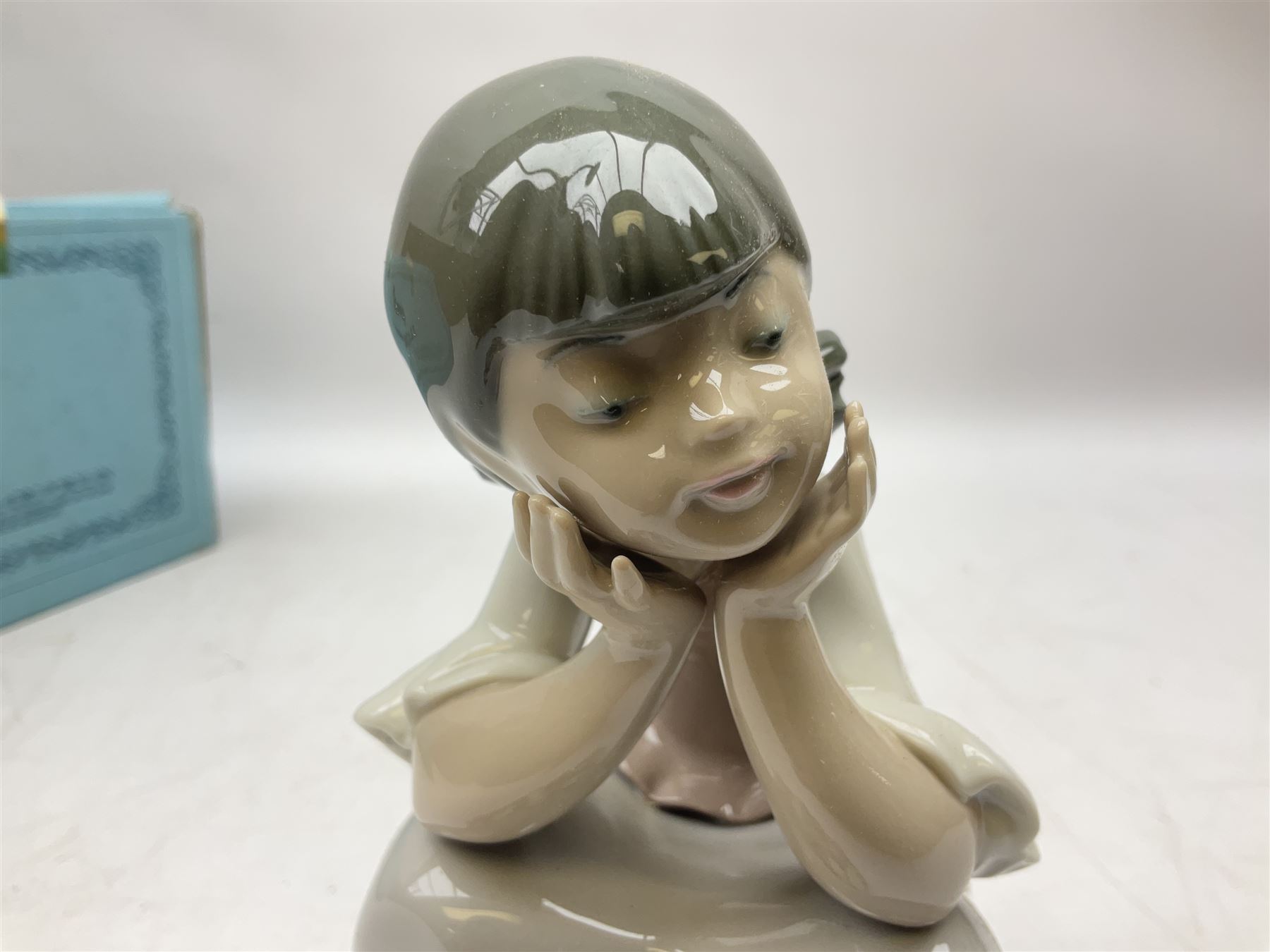 Three Lladro figures, comprising Pondering, no 5173, Nostalgia, no 5071 and Nature's Bounty, no 1417, all with original boxes, largest example H27cm