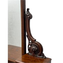 Victorian figured mahogany two-piece bedroom set - the washstand with white and black marble moulded top with arched back and raised shelf, two moulded frieze drawers, on turned and fluted supports with brass and ceramic castors (W123cm, D60cm, H102cm); the dressing table with raised swing mirror in moulded frame with shell and scroll carved pediment, on scrolled horns carved with foliage, four raised trinket drawers over moulded rectangular top, fitted with two drawers, on turned and fluted supports with brass and ceramic castors (W122cm, H177cm, D62cm)