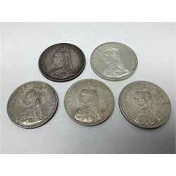 Two Queen Victoria 1887 crown coins and three 1887 double florin coins (5)