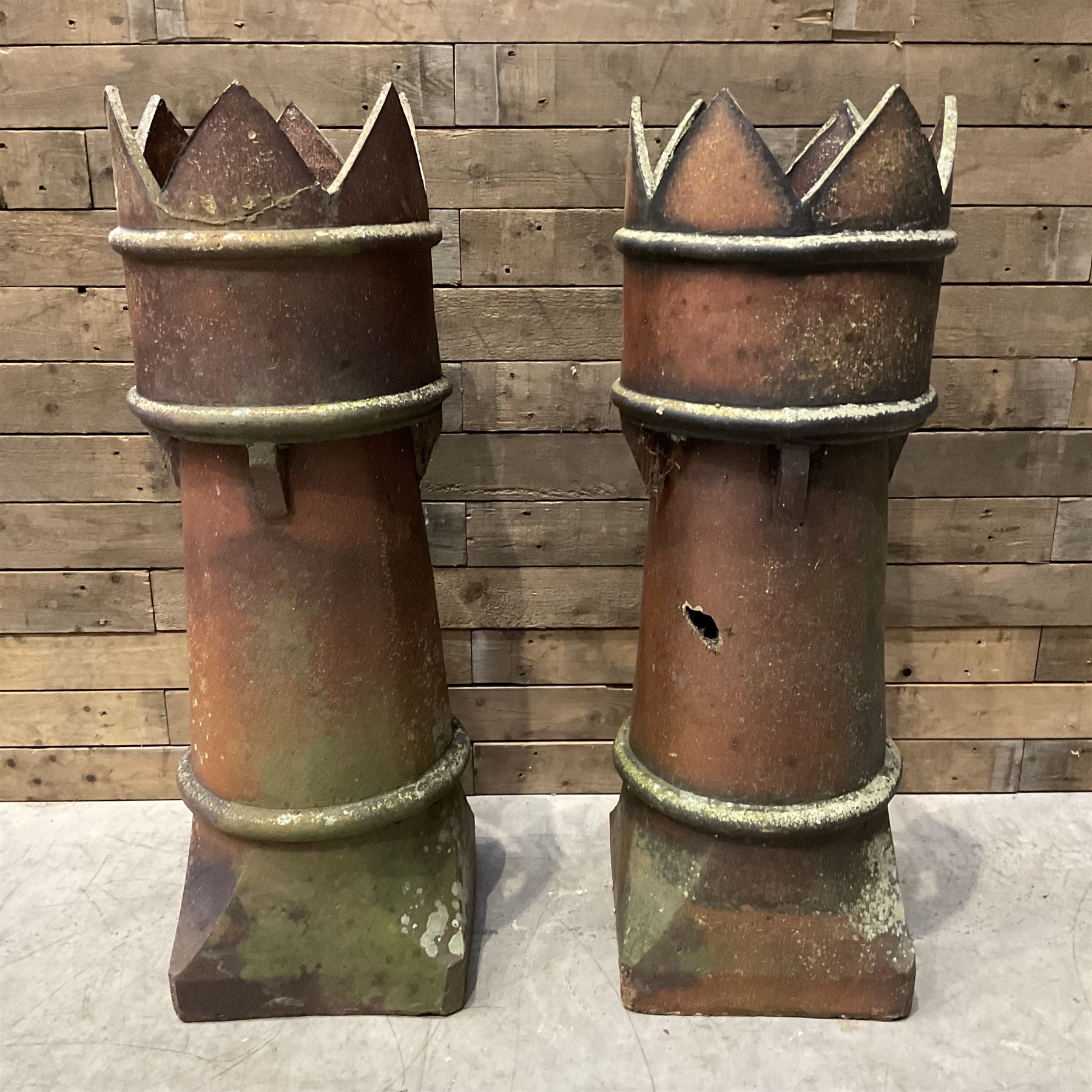 Two Victorian salt glazed crown-top chimney pots
