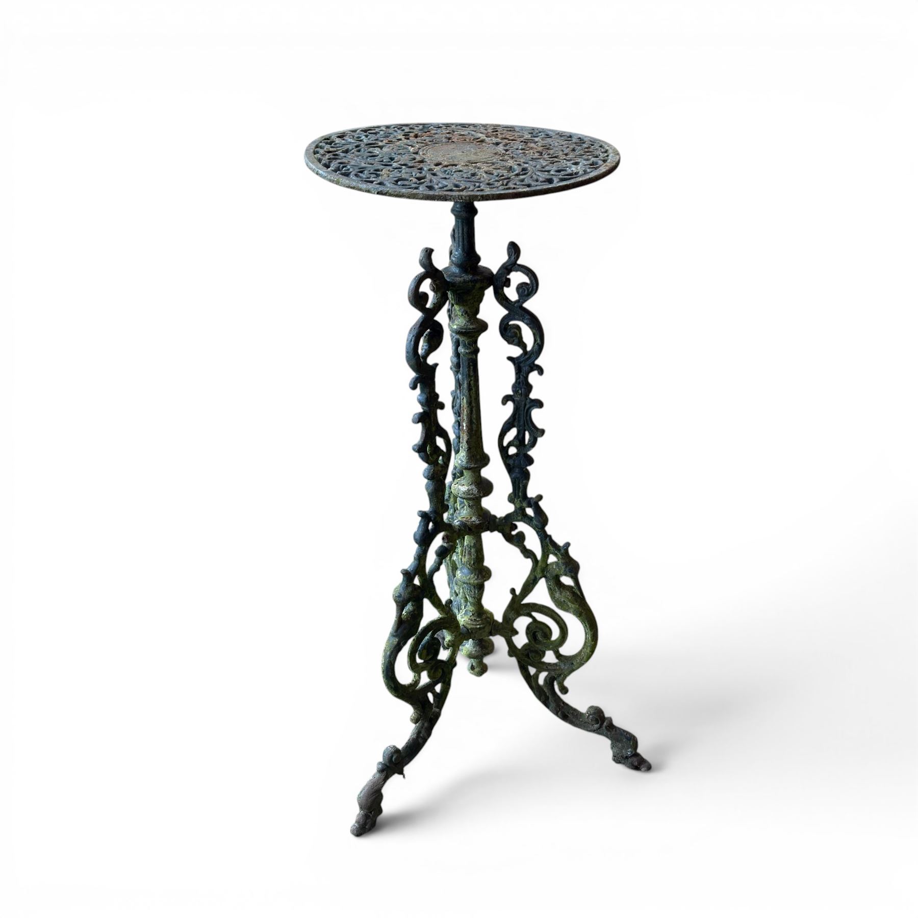 19th century ornate cast iron high garden drinks table, small circular pierced top, raised on three legged base