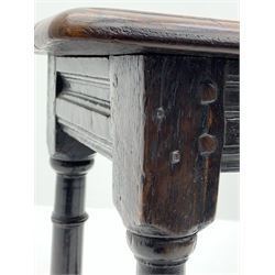 Late 17th century oak joined stool, rectangular moulded top on splayed turned supports joined by stretchers, moulded frieze panels 