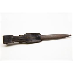 WWII German K98 bayonet by Clemen & Jung, the 24.5cm fullered blade marked 8647 h, with Bakelite grip and bluing to metal blade; in steel scabbard with corresponding numbers and leather frog, L42cm overall