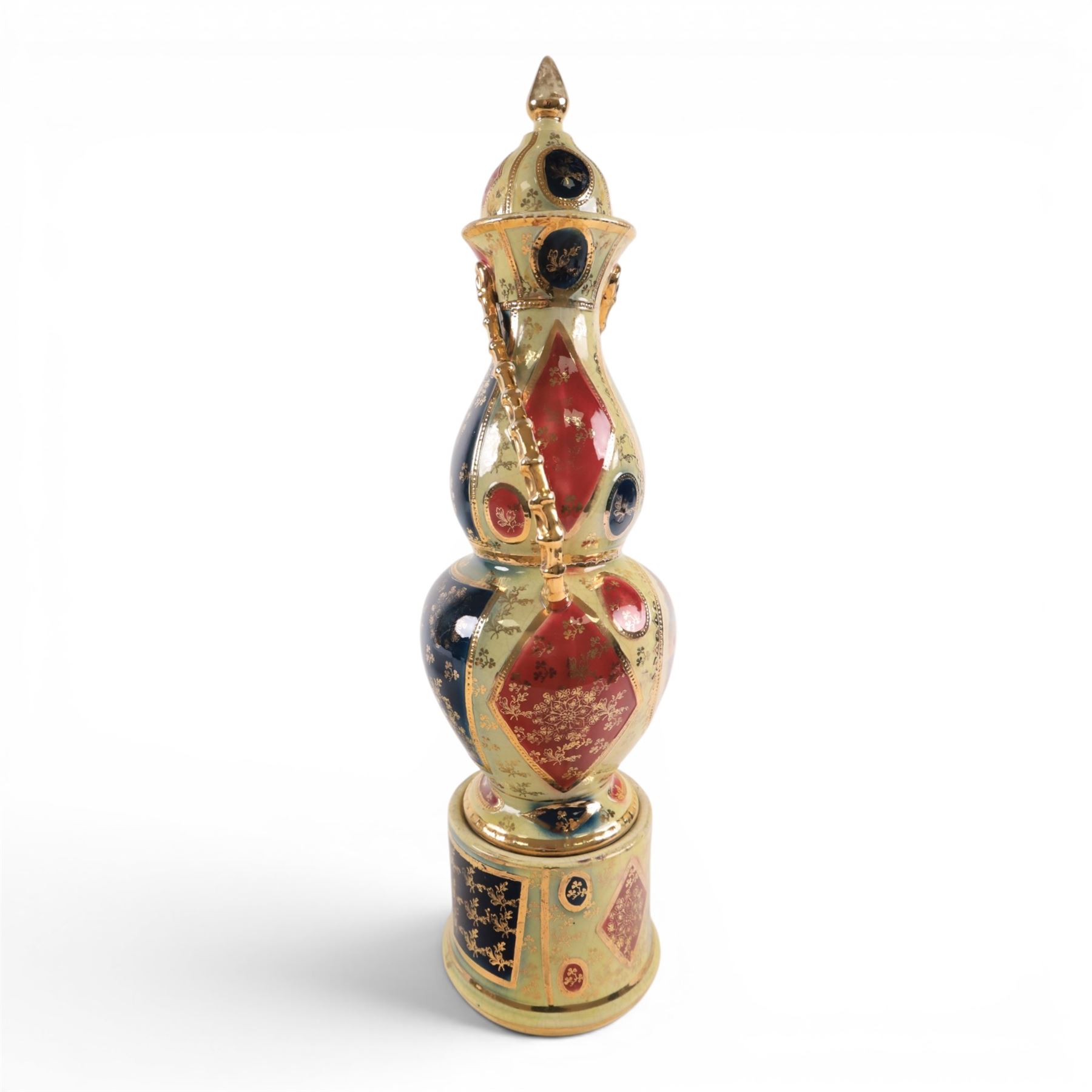 Large Royal Vienna covered urn, the central panels decorated with dancing figures and gilt detail, with twisted handles, H56cm