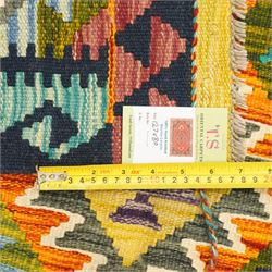 Afghan Maimana flatweave kilim and an Afghan Chobi flatweave kilim runner, with a repeating stepped diamond medallion design in ivory, green, rust, teal, purple, and indigo, framed by chevron and geometric borders, 153x50cm & 127x80cm, (2)