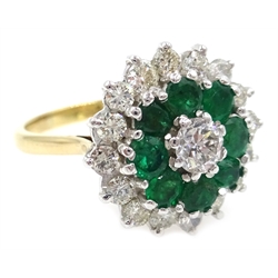  Diamond and emerald gold cluster ring, stamped 18ct, diamonds approx 1.1 carat, emeralds approx 1 carat  