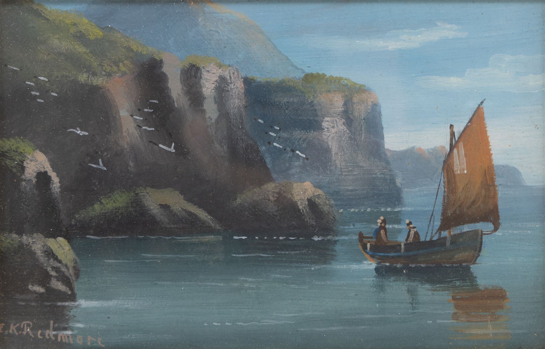 Edward King Redmore (British 1860-1941): Two Boat Scenes with Headlands, two oils on board, together with two further scenes of boats, max 17cm x 18.5cm (4) (one unframed)