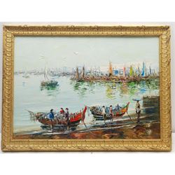 Continental School (20th century): Impressionist Harbour Scene with Figures, oil on canvas unsigned 48cm x 68cm