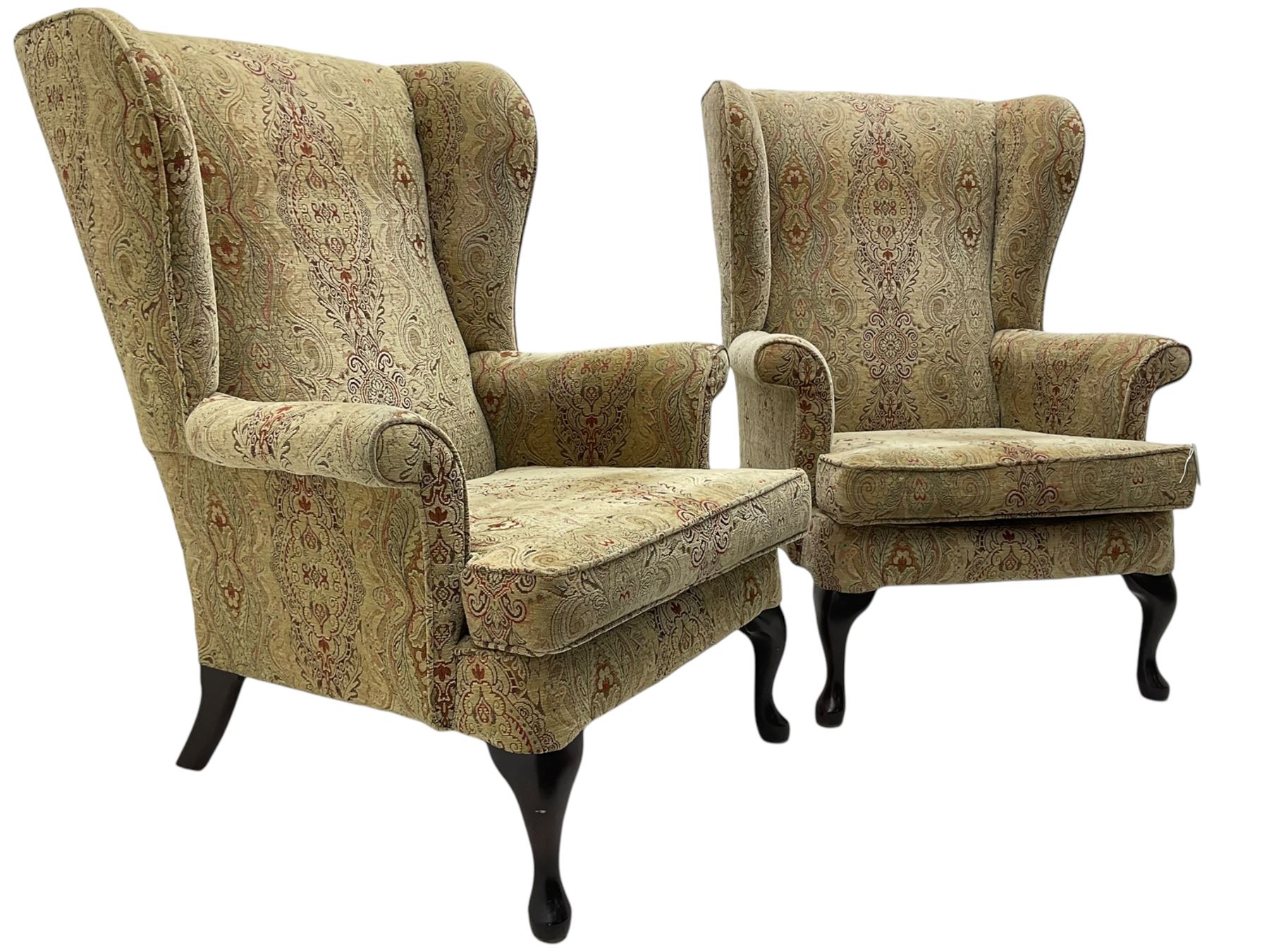 Parker Knoll - 'Burghley' pair of wingback armchairs, upholstered in 'Baslow Medallion' gold floral pattern fabric