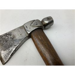 Early 20th century ceremonial Tomahawk pipe, steel axe head with pipe bowl, drilled drawing shaft, 46cm