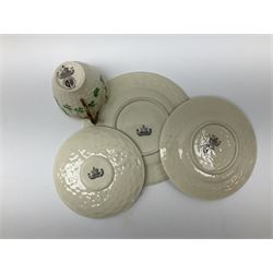 Two Royal Crown Derby pattern Imari soup bowls, pattern 2451, Belleek Fermanagh Ireland four piece set in green shamrock pattern, Royal Doulton small lady figure, Marie HN1370, large Wedgwood fruit bowl, Sylvac jardiniere in autumn leaves pattern, five pieces Co-operative Society commemorative ceramics, with selection of other ceramics. 