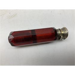 Victorian ruby cut glass scent bottle, with faceted sides, with ornately engraved silver plated cap, A/F, L10cm