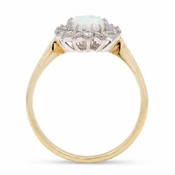 18ct gold opal and diamond cluster ring, single oval cabochon cut opal, surrounded by fourteen round brilliant cut diamonds, London 1988, total diamond weight approx 0.30 carat