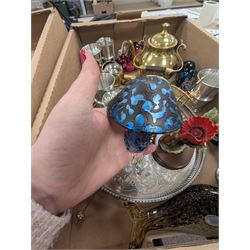 Five Wedgewood glass animals, iridescent mushroom paperweight, Type 6 Eccles brass safety lamp and a collection of metalware, glassware etc