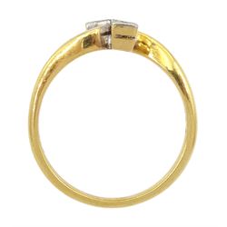 Art Deco gold milgrain set two stone old cut diamond crossover ring, stamped 18ct