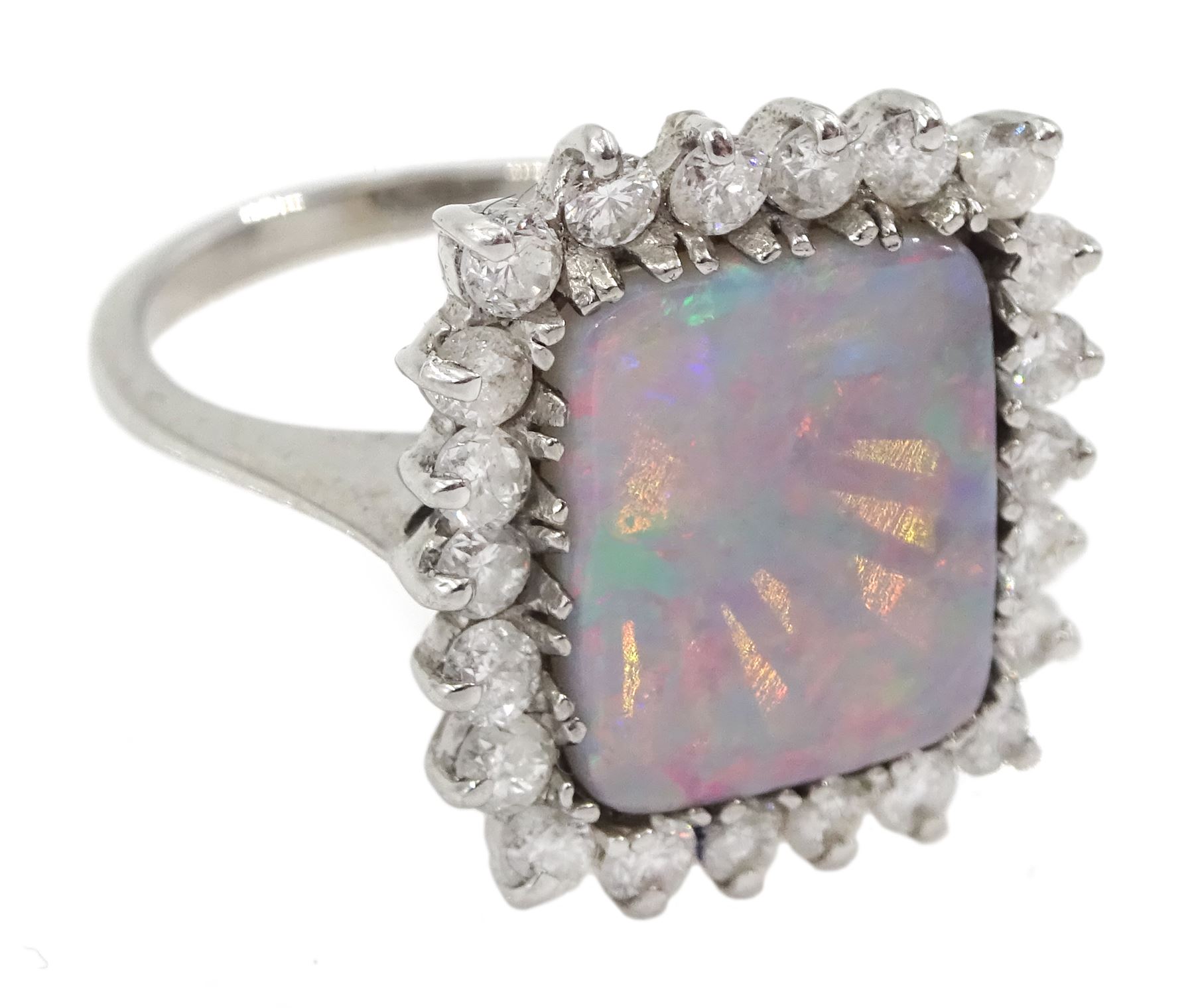 14ct white gold rectangular opal and round brilliant cut diamond cluster ring
