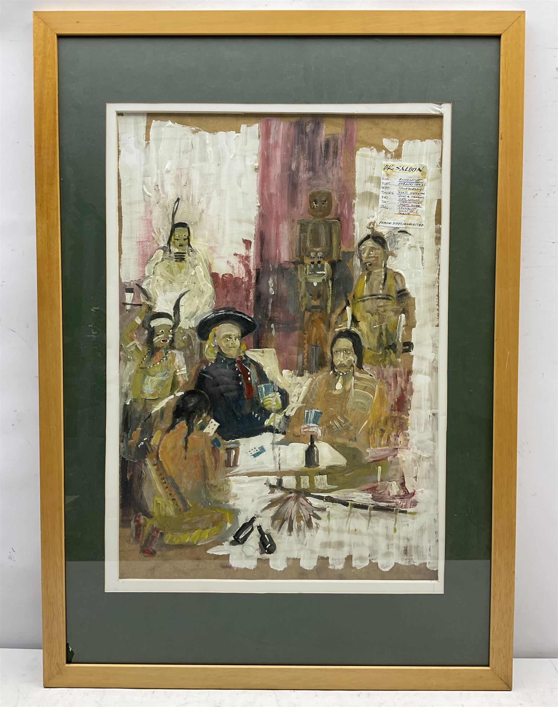 John Squire ARIBA (British Contemporary): North American Frontier - 'OK SALOON', mixed media on board, studio label verso with artist's address Heckmondwike, West Yorks verso 60cm x 42cm