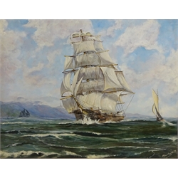 Moorland Sheep, oil on board signed by Lewis Creighton (British 1918-1996) 39cm x 50cm and Masted Vessel at Sea, oil on board signed by Stan Hepples 55cm x 69cm (2)  
