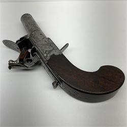 Late 18th century flintlock pocket pistol signed H. Nock London with 4cm turn-off barrel and drop down trigger, engraved lock plates, thumb safety and walnut bag stock L16cm overall