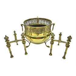 Early 20th century brass coal bucket with pierced sides, upon three pad feet, together with a pair of brass fire dogs, with flambe finials, coal bucket H27cm