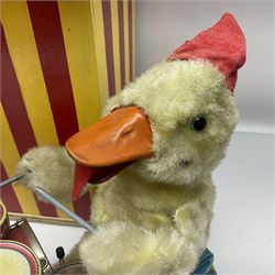 Two Japanese battery operated tin-plate drummers as a plush covered duck and a clown in a felt suit; and small scratch-built painted wooden Punch & Judy show booth with hand operated action (3)