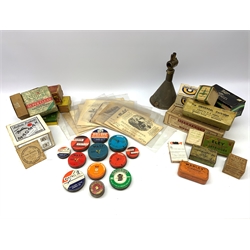 Brass and tin powder magazine by B.E. Chaplin of conical form with glazed see-through nozzle H27cm; eight reprinted gun case labels for Holland & Holland, Thomas Jackson & Son, William Ling, Watson & Hancock, Williams & Powell etc; and quantity of empty cartridge boxes and pellet tins