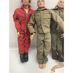 Action Man - five figures marked on the back 'Made in England by Palitoy under licence from Hasbro 1964', one dressed as a German Stormtrooper, one as a Red Devil Pilot and three in army uniform; another similar action figure marked to the right buttock ' G.I. Joe Copyright 1964 by Hasbro Patent Pending Made in Canada' dressed in army uniform; together with an Action Man jeep, field gun, mortar and machine guns and other accessories including helmets and weapons, parachute, diving equipment, skis and snow shoes, boots, uniforms etc; all unboxed