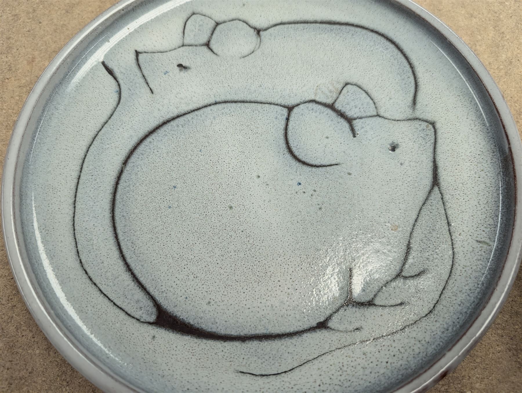 Elizabeth Bailey earthenware jug and plate, decorated with mice, together with a Victorian Ware blue and white cow plate