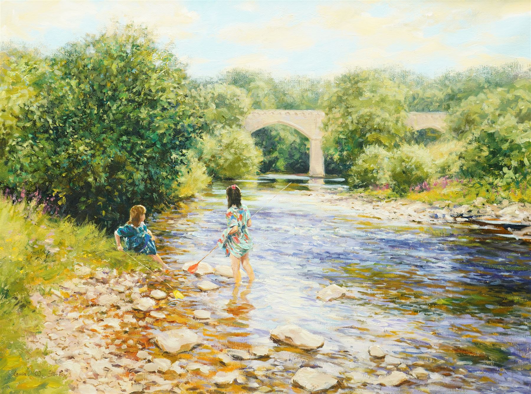 Leslie W Stones (British 20th century): 'A Day by the River', oil on canvas signed, titled verso 45cm x 60cm