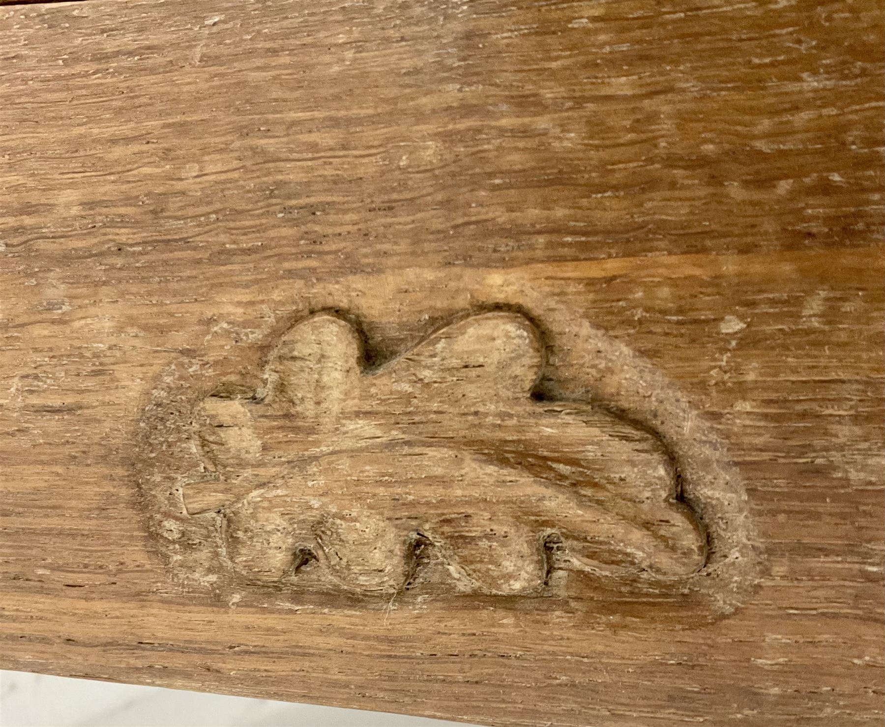 David 'Oakleaf man' Langstaff of Easingwold Yorkshire oak cabinet, egg and dart detailing, with two lead glazed doors enclosing two shelves, bearing oak leaf signature, cabriole claw feet