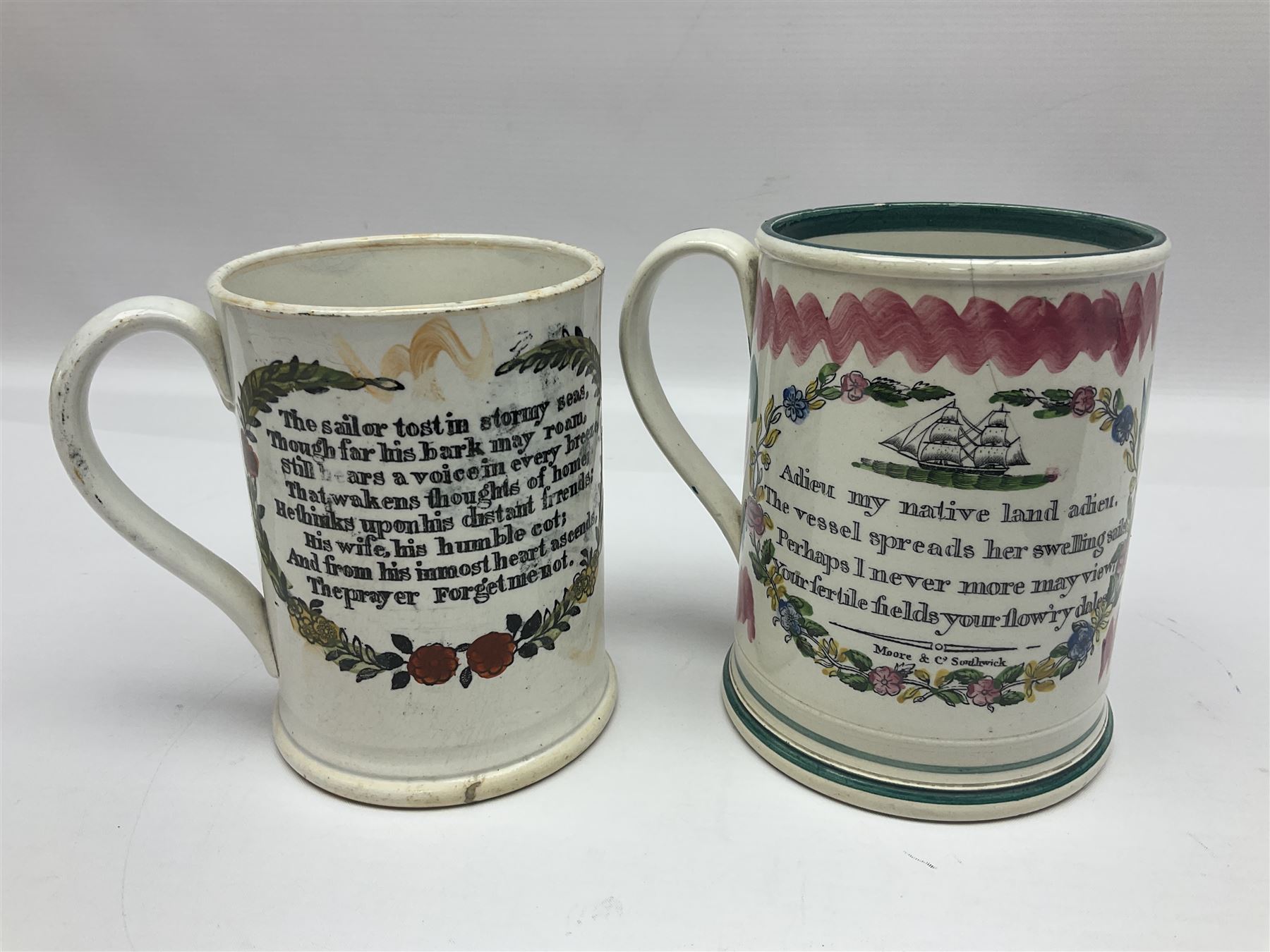 Staffordshire frog mug, depicting the ship Agamemnon in a storm, with lustre decoration and quote verso 'The sailor tost in stormy seas, though for his bark may roam, still hears a voice in every breeze, that wakens thoughts of home, he thinks upon his distant friends, his wife, his humble cot, and from his inmost heart ascends, the prayer Forget Me Not.', together with a similar later frog mug, depicting the 'west view of the cast iron bridge over the River Wear Sunderland', tallest H12.5cm