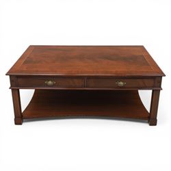 Georgian style mahogany coffee table, rectangular moulded top with crossbanded border and line inlay, fitted with two cock-beaded frieze drawers with ornate brass swan neck handles and shaped backplates, opposing false drawer fronts, raised on square tapering supports united by a concave undertier