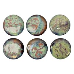 Henry George Murphy (1884-1939), collection of six Arts & Crafts glazed ceramic roundels, of circular form in tones of green, turquoise and brown in soufflé and high fired finishes, D7cm