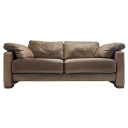 Heals - contemporary two seat 'Palermo' sofa, upholstered in chocolate brown leather, raised on wooden block feet