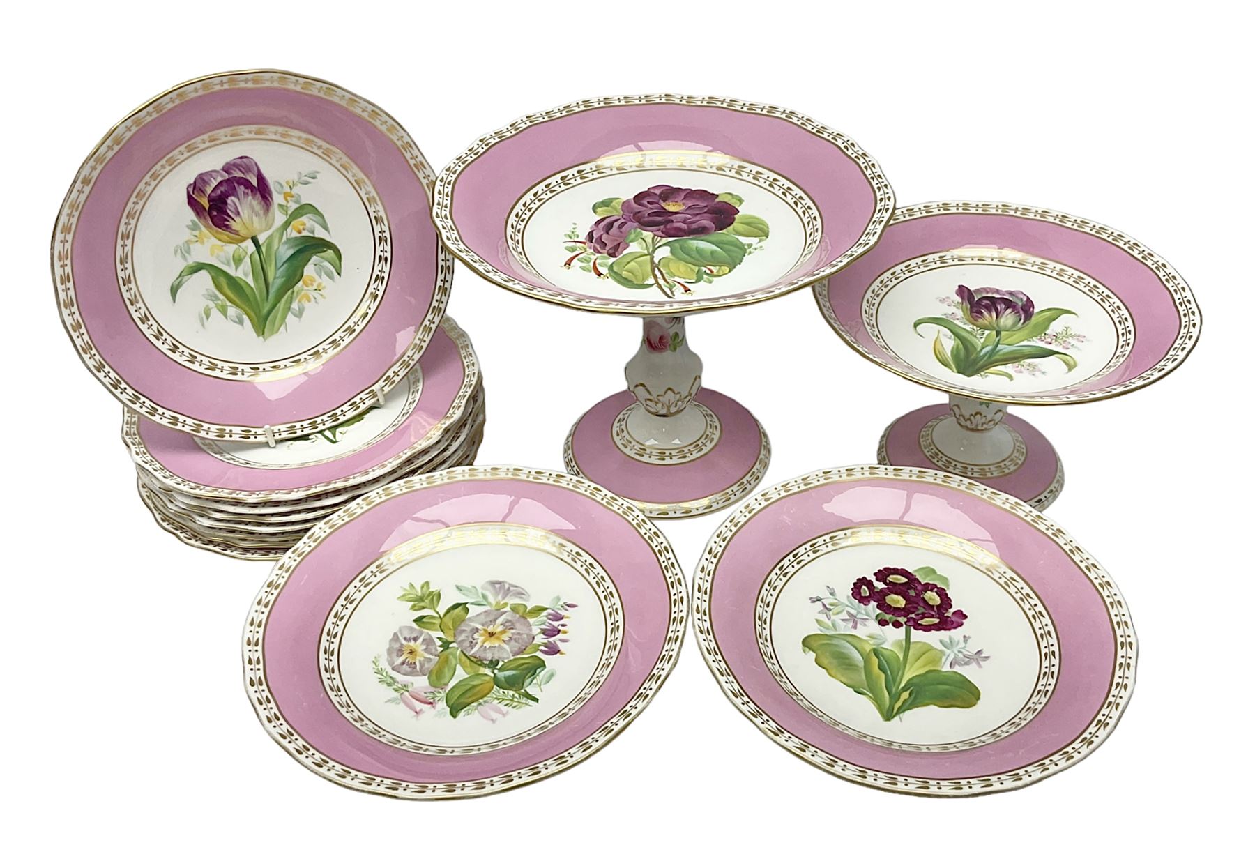 Victorian Copeland, Botanical dessert service, decorated with floral sprigs to the centre with a pink and gilt border, comprising five comports and seven plates, largest comport H20cm, plate D22cm