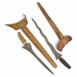  Malayan Kris with carved bone handle and engraved blade and one other (2)