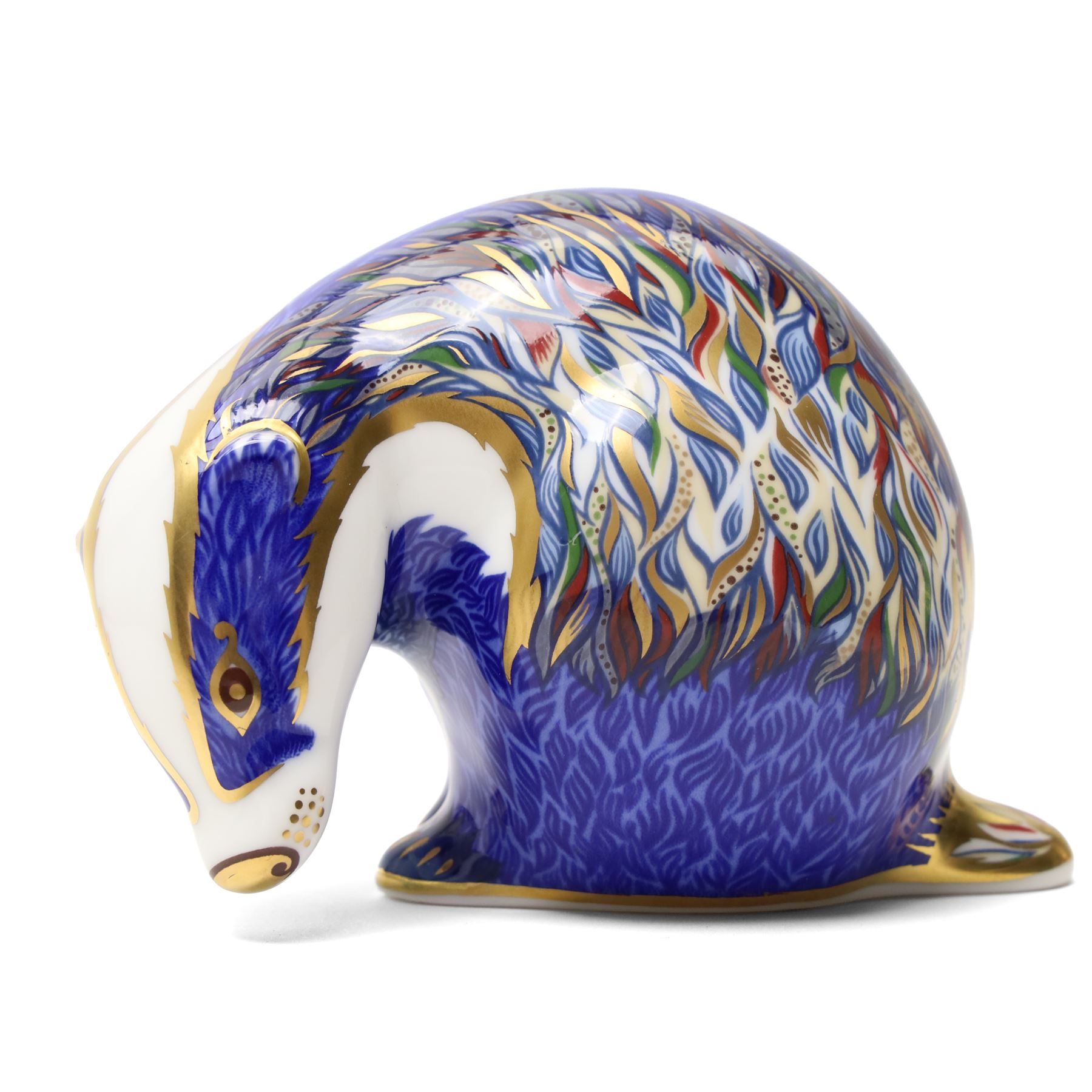 Royal Crow Derby paperweight Buxton Badger limited edition 51/500 with gold stopper and certificate and another Robin with silver stopper