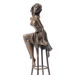 After Pierre Collinet - bronze modelled as a semi naked female figure, seated upon a chair, H27cm