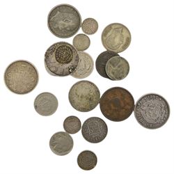 Approximately 50 grams of pre 1920 and approximately 47 grams of pre 1947 Great British silver coins, King George V India 1911 one rupee, South Africa 1897 two and a half shillings (holed) and other coinage