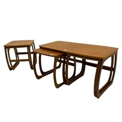 Nathan - teak Long John nest of tables and a singular nest of tables 