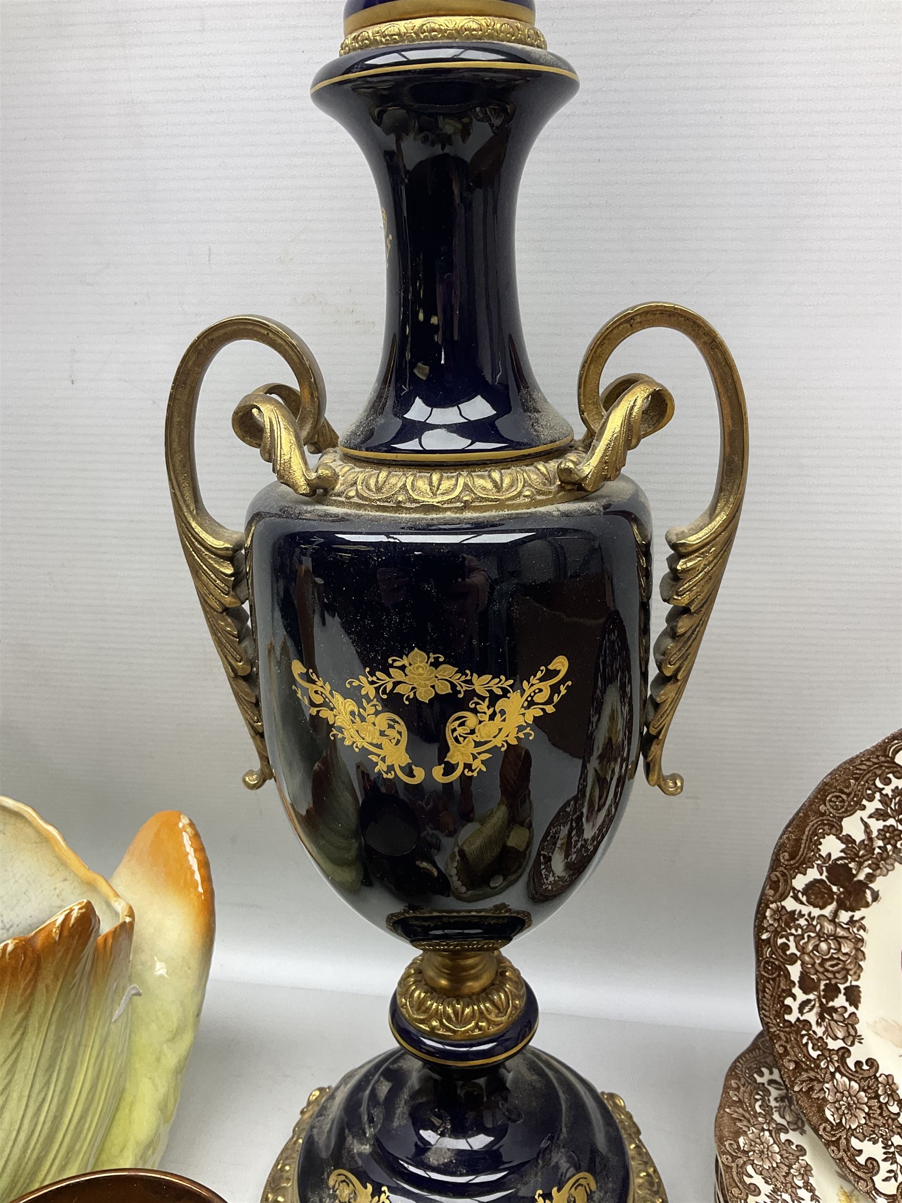 Sevres style vase and cover, the body of baluster form with scrolling gilt metal mounts printed with courting couple scene, together with copper lustre jug and quantity of Royal Worcester Palissy Game Series plates, quantity of Pendelfin figures etc, vase H44cm