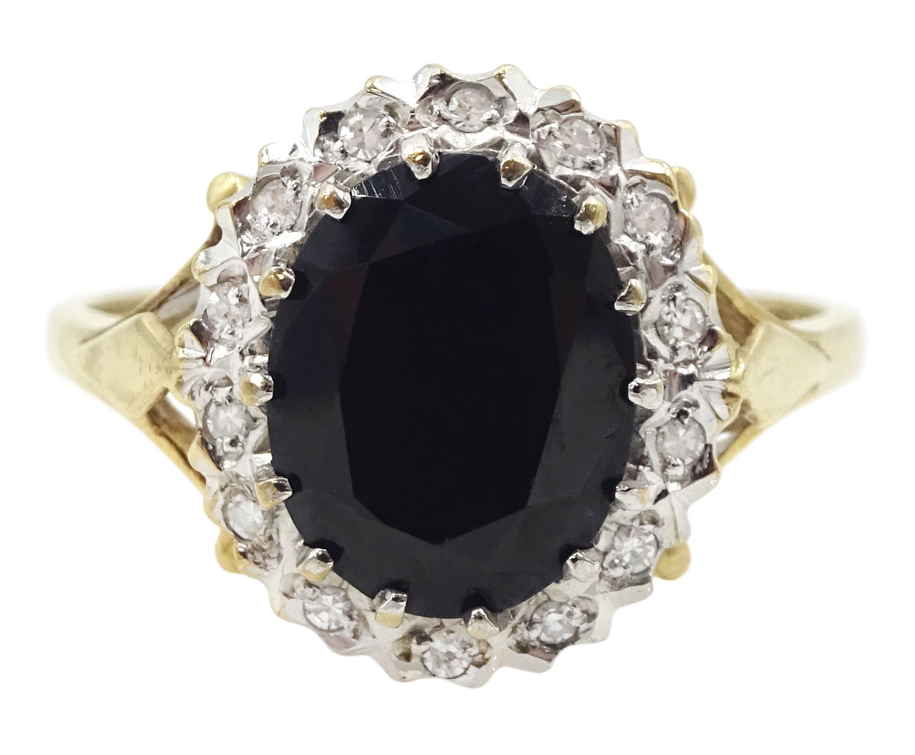 9ct gold oval cut sapphire and diamond cluster ring, hallmarked