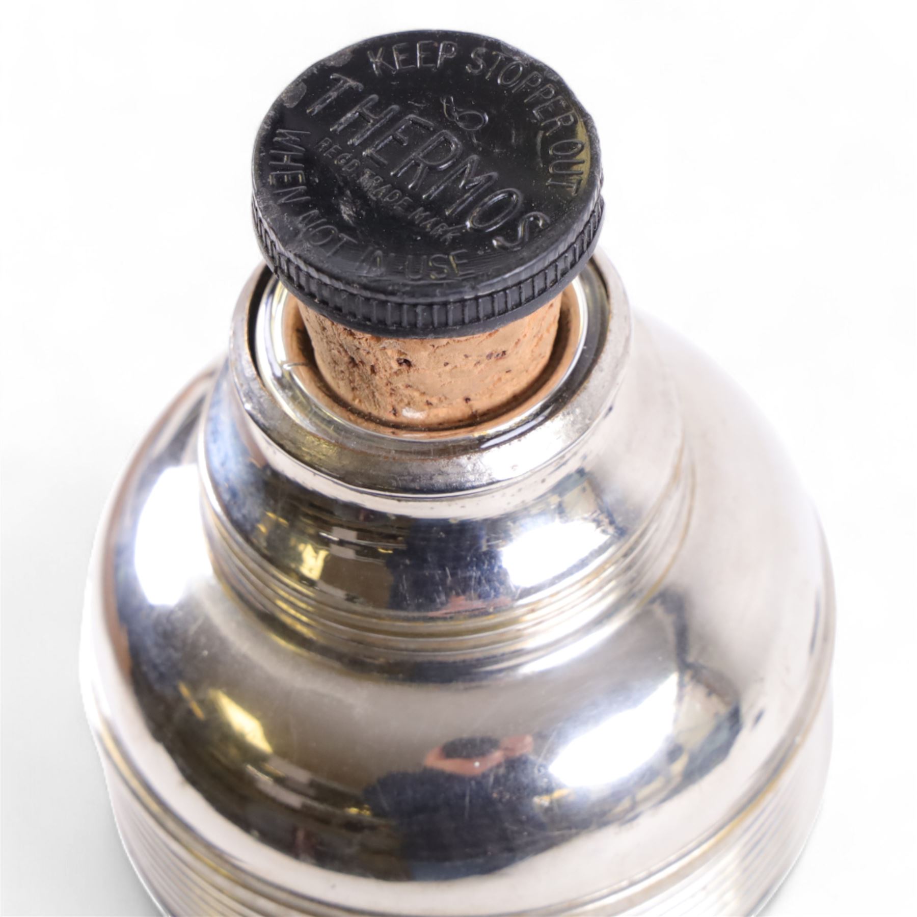 American Thermos Bottle Co. No. 6, chrome thermos with removable cup and cork stopper, contained within a leather carry case