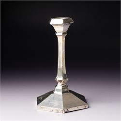 Pair of Art Deco design silver candlesticks with panel sided stems on hexagonal bases H15cm Birmingham 1923 Maker W G Sothers Ltd